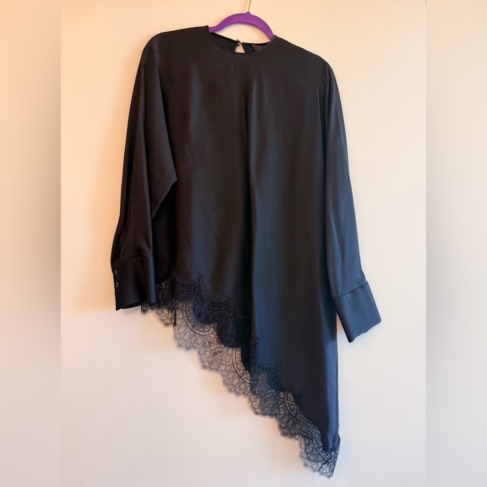 Elegant Black Asymmetrical blouse with Lace Trim